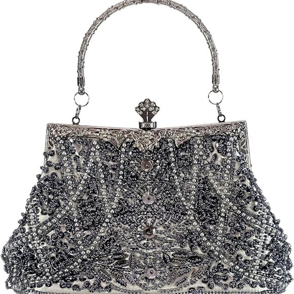 Beaded Clutch Evening Bag Satin Compact Detachable Chain Vintage Style Women